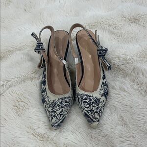 Dior Black and Cream Floral Slingback Heels